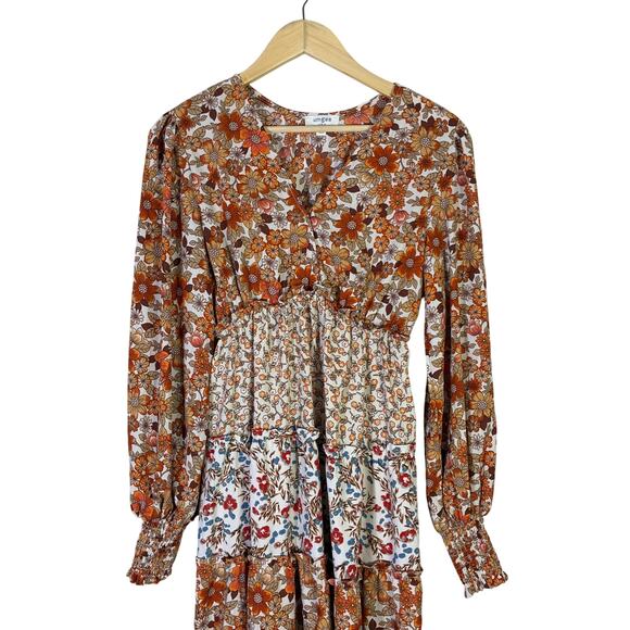 Umgee Floral Tiered Long Sleeve Maxi Dress Womens S Brown Farmhouse Cottagecore - Picture 3 of 7